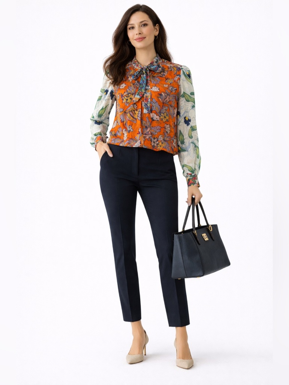 Tory Burch Orange Floral Tie-Neck Blouse with Green Accents